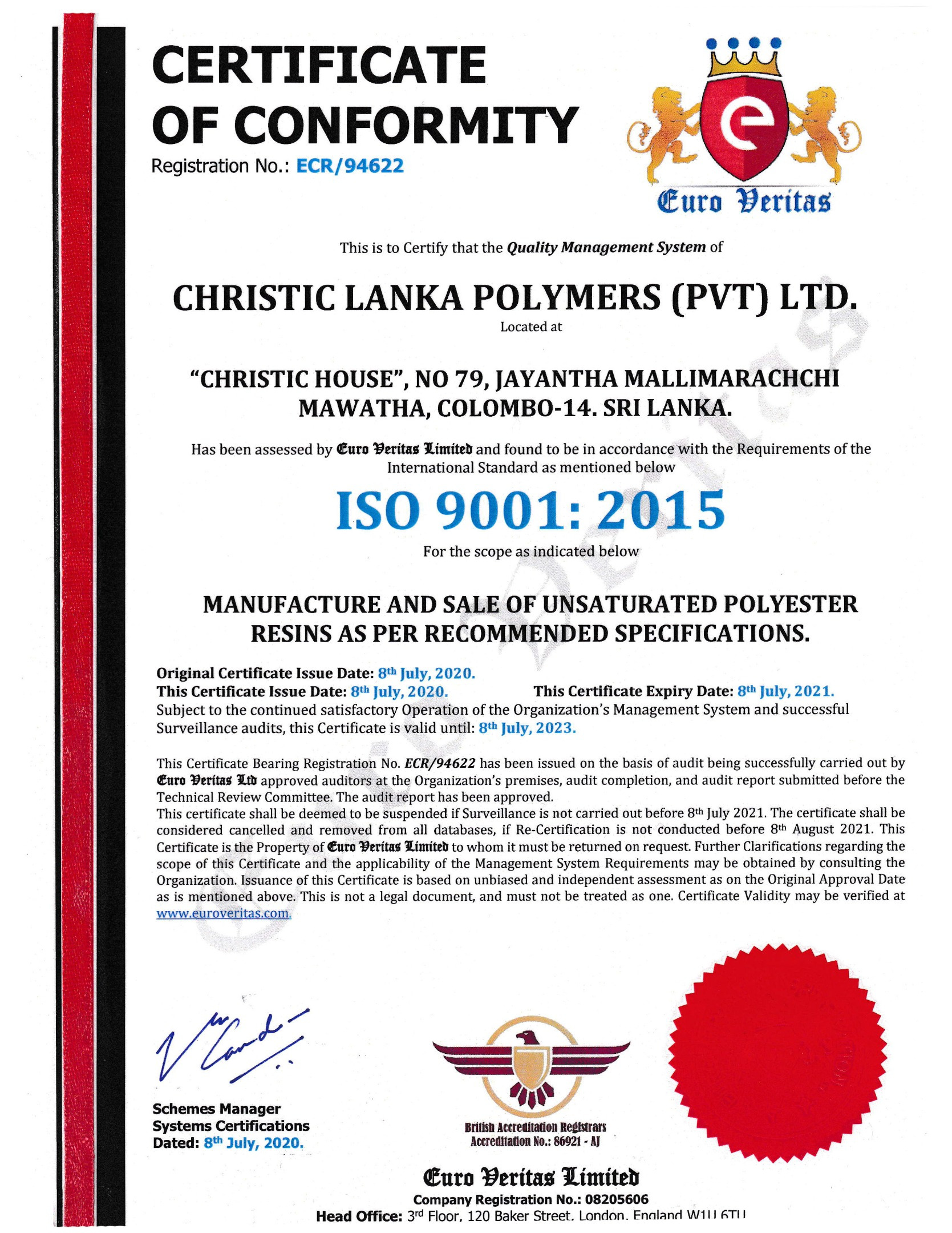 Euro Veritas ISO 9001:2015 certificate of conformity for Christic Lanka Polymers