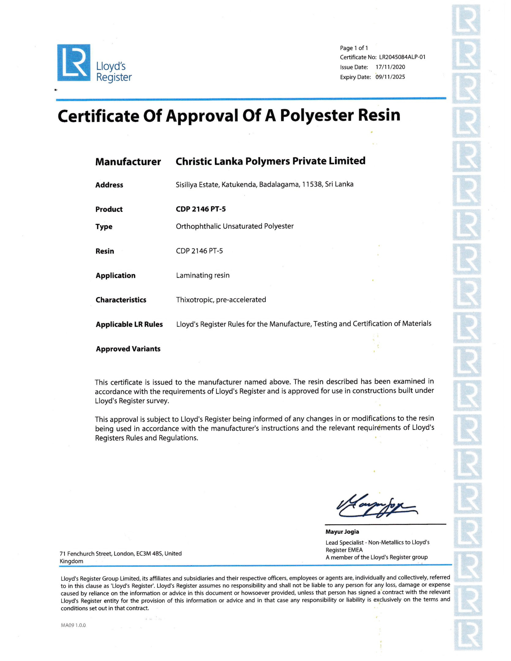Lloyd's Register certificate of approval for CDP 2146 PT-5 marine laminating resin