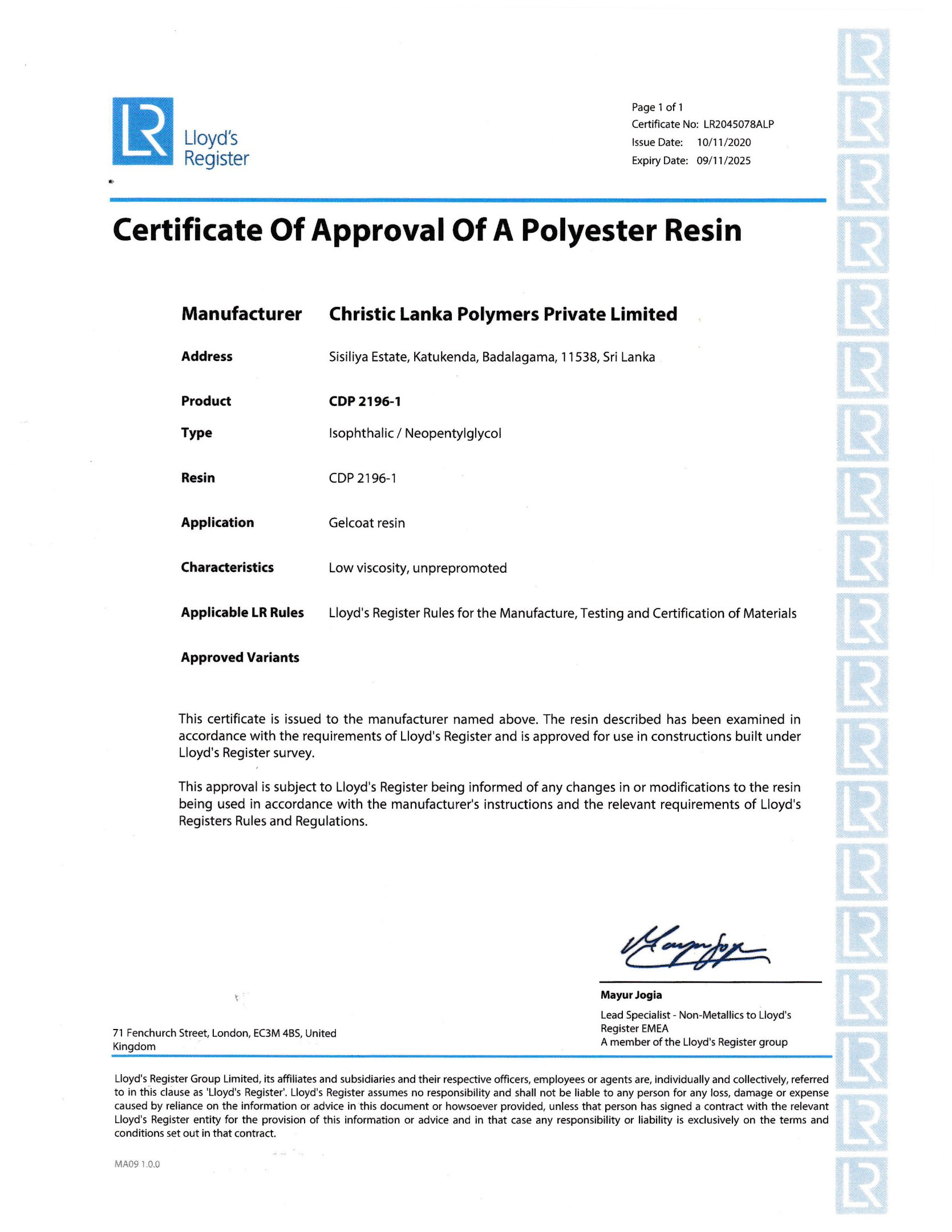 Lloyd's Register certificate of approval for CDP 2196-1 gel coat resin