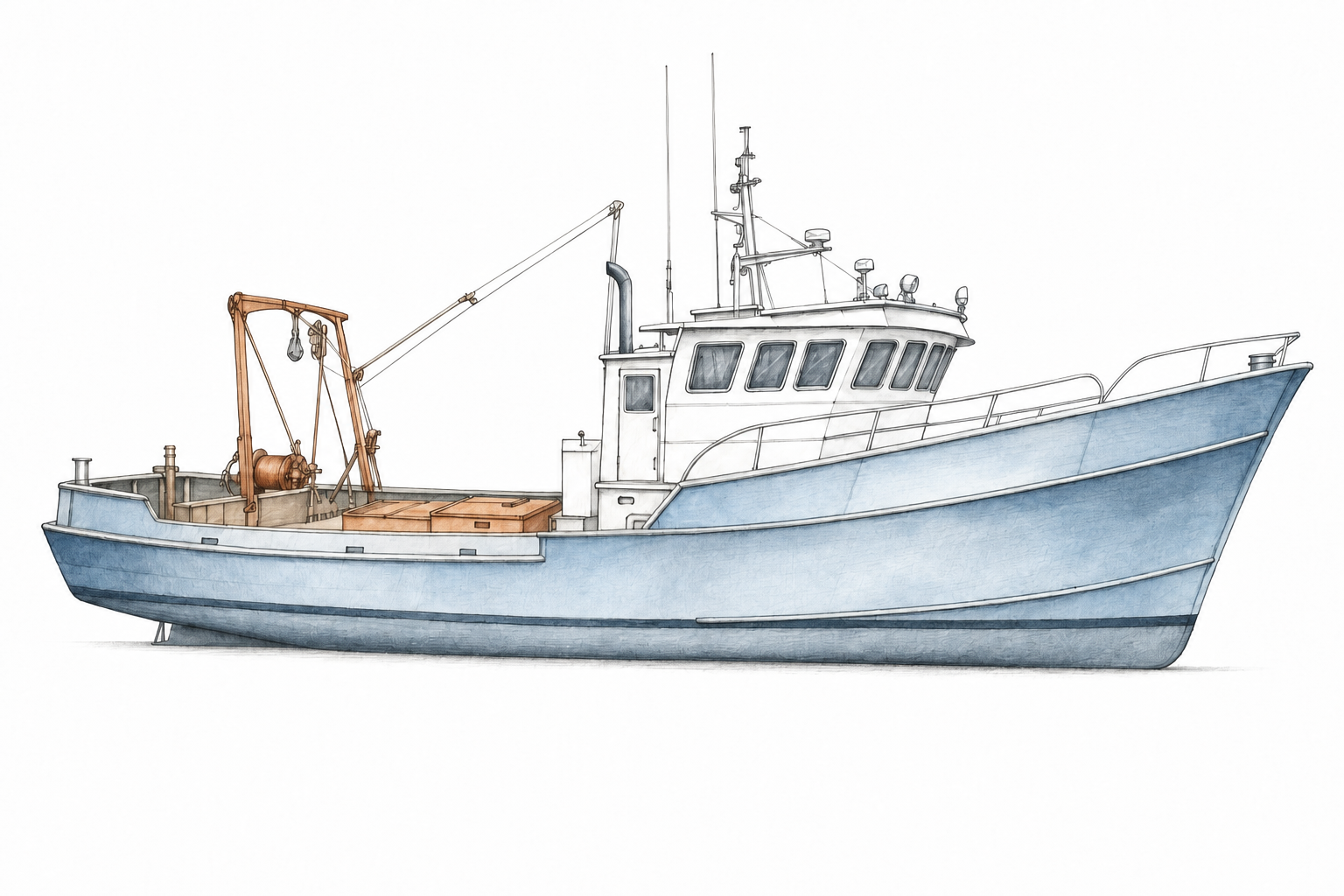 42ft commercial fishing boat — watercolor side profile