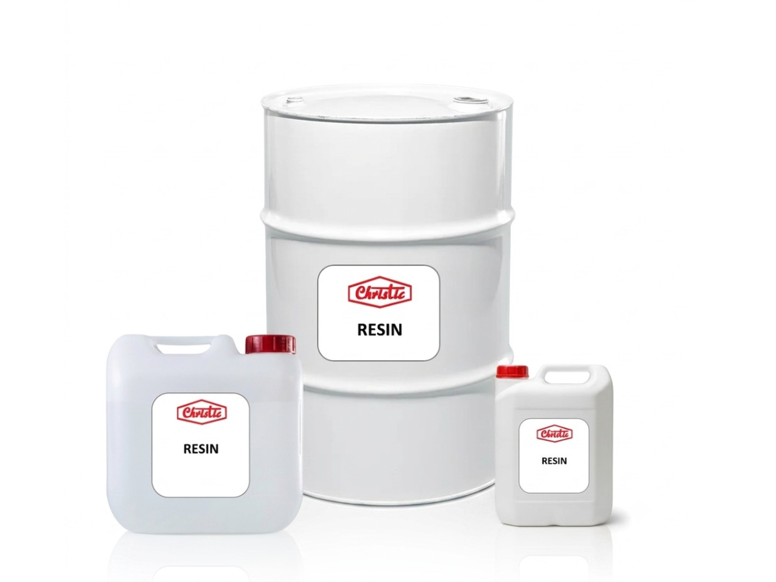 White resin drum with 5 kg and 10 kg cans containing pink polyester resin