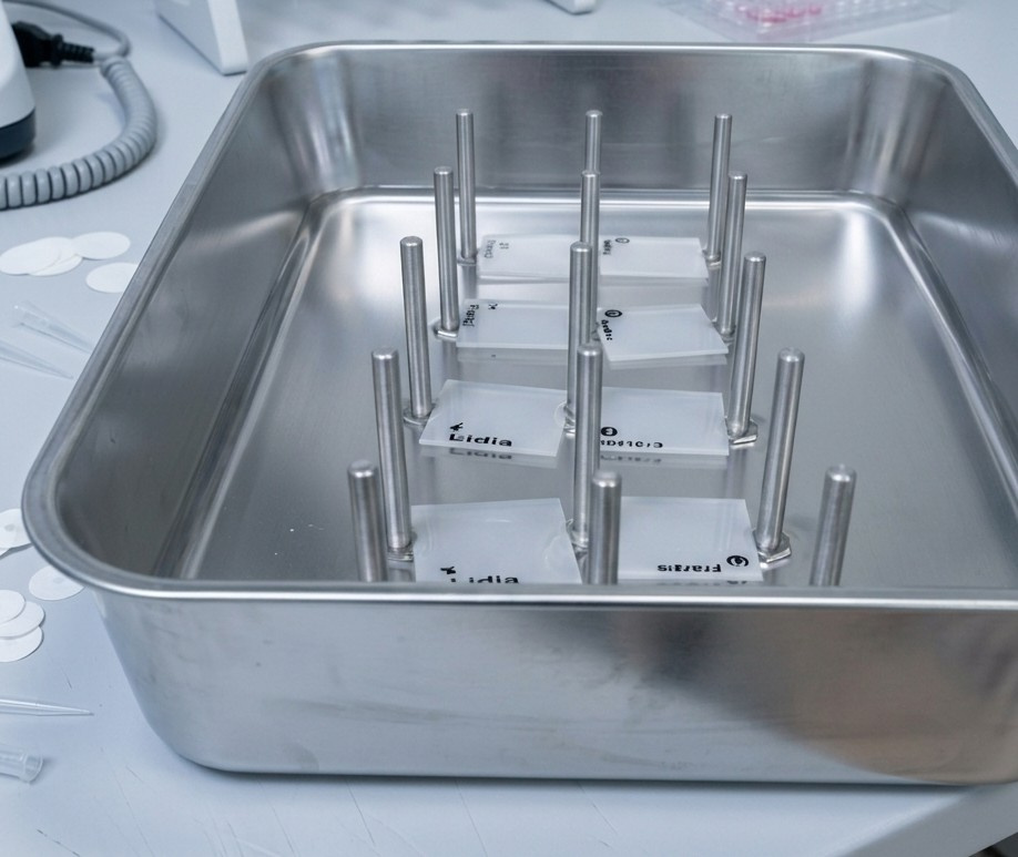 Water absorption test specimens submerged in a laboratory tray